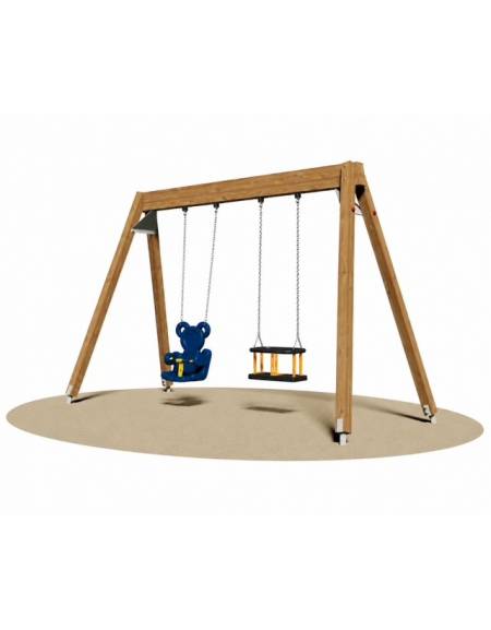 Altalena in legno 2 Posti - sedili gabbia / orsetto - adatta per diversamente abili - cm 370x160x230h