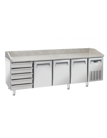 Tavolo pizza refrigerato con piano in granito. 2 sportelli e cassettiera a 5 comparti neutri - temp. +2°/+8°C - cm 202,5x80x104h