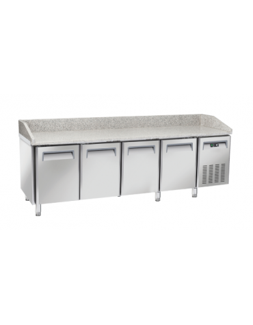 Tavolo pizza refrigerato con piano in granito. 2 sportelli e cassettiera a 5 comparti neutri - temp. +2°/+8°C - cm 202,5x80x104h