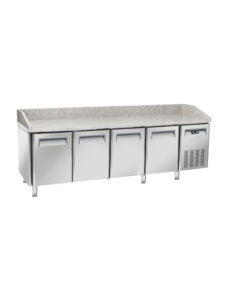Tavolo pizza refrigerato con piano in granito. 2 sportelli e cassettiera a 5 comparti neutri - temp. +2°/+8°C - cm 202,5x80x104h
