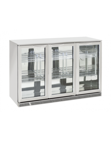 Frigo retrobanco per bevande ventilato +2°/+10°C, in acciaio AISI 304 con 3 porte vetro a battente - Lt. 330 - cm 135x54,2x86,5h