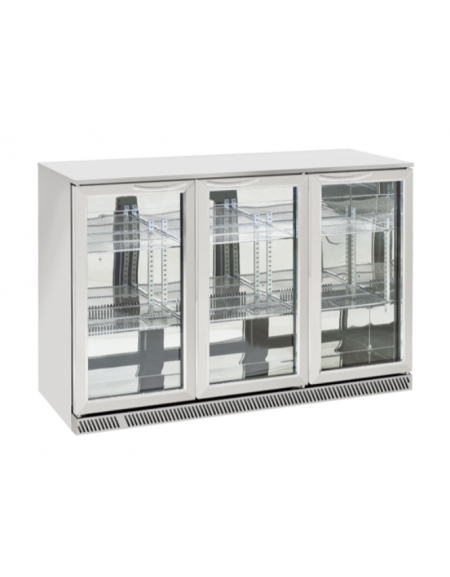Frigo retrobanco per bevande ventilato +2°/+10°C, in acciaio AISI 304 con 3 porte vetro a battente - Lt. 330 - cm 135x54,2x86,5h
