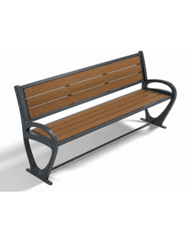 Panchina design con schienale e braccioli - gambe in alluminio pressofuso e doghe di legno esotico - cm 190x57x85h