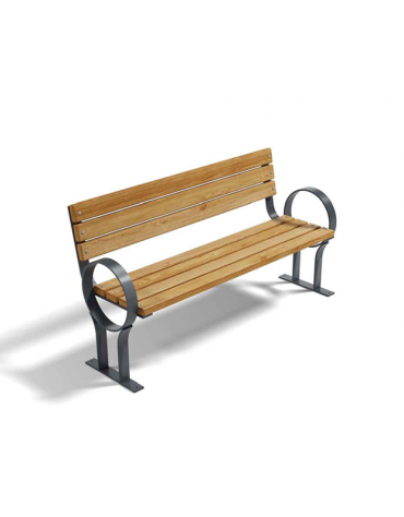 Panchina con schienale per parco - braccioli design circolare - gambe in ferro e doghe di pino nordico - cm 190x53x83h
