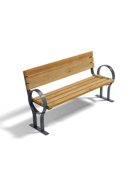 Panchina con schienale per parco - braccioli design circolare - gambe in ferro e doghe di pino nordico - cm 190x53x83h