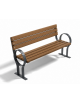 Panchina con schienale per parco - braccioli design circolare - gambe in ferro e doghe di legno esotico - cm 190x53x83h