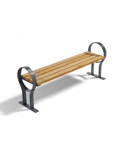 Panchina senza schienale per parco - braccioli design circolare - gambe in ferro e doghe di pino nordico - cm 190x40x63h