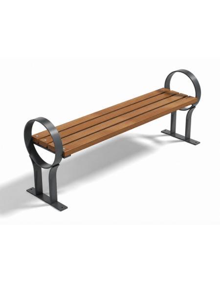 Panchina senza schienale per parco - braccioli design circolare - gambe in ferro e doghe di legno esotico - cm 190x40x63h