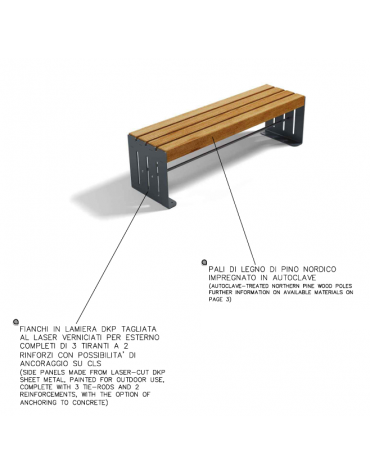 Panchina design moderno senza schienale - fianchi in lamiera Dkp e doghe di legno di pino nordico - cm 190x42x45h