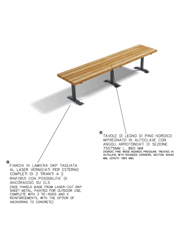 Panchina senza schienale per esterno - struttura in lamiera Dkp e doghe di legno di pino nordico - cm 200x45x45h
