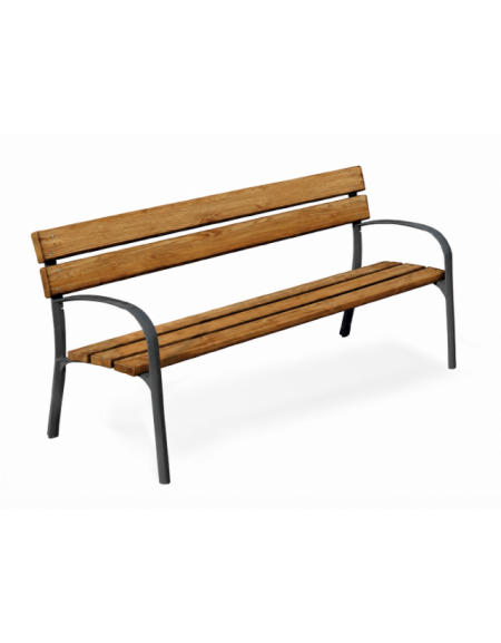 Panchina arredo design per parco -  2 fianchi con braccioli in ghisa, 5 doghe in legno termotrattato  - cm 190x63xh77