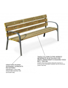 Panchina arredo design per parco -  2 fianchi con braccioli in ghisa, 6 doghe in legno di pino  - cm 190x63x77h