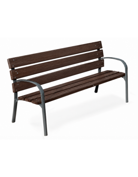 Panchina arredo design - 2 fianchi con braccioli in ghisa, 6 doghe in alluminio rifinito in legno dark  - cm 190x63x77h