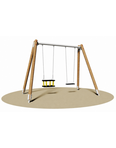 Altalena 2 posti con struttura in legno e trave in acciaio - sedili gabbia / piano - cm 345x180x265h