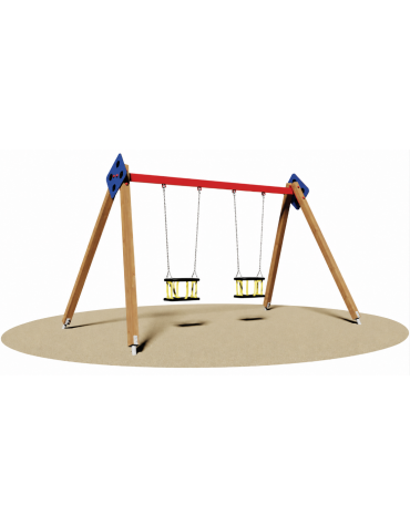 Altalena 2 posti con sedili a gabbia - Montanti in legno e trave in acciaio - Da interrare o da tassellare - cm 380x235x240h