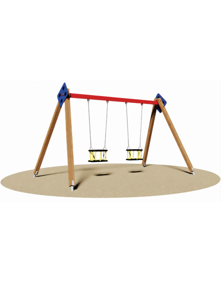 Altalena 2 posti con sedili a gabbia - Montanti in legno e trave in acciaio - Da interrare o da tassellare - cm 380x235x240h