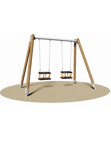 Altalena 2 posti con struttura in legno e trave in acciaio - sedili gabbia - cm 345x180x265h