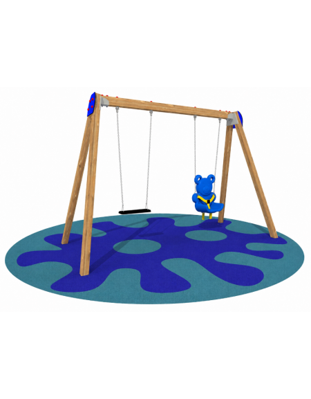 Altalena in legno per bambini 2 posti - N° 1 Sedile piano e N° 1 Sedile Orsetto -adatta per diversamente abili - cm 155x345x225h
