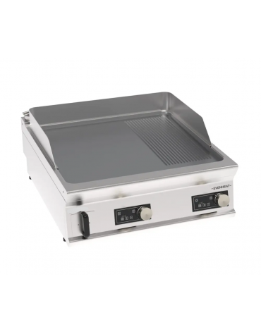 Fry top elettrico, piastra 2/3 liscia e 1/3 rigata cromata spazzolata a controllo elettronico - tecnologia evenheat - cm 90x80x2