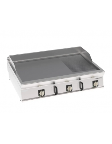 Fry top elettrico da banco inox, piastra 2/3 liscia e 1/3 rigata cromata spazzolata - tecnologia evenheat - cm 120x90x28h