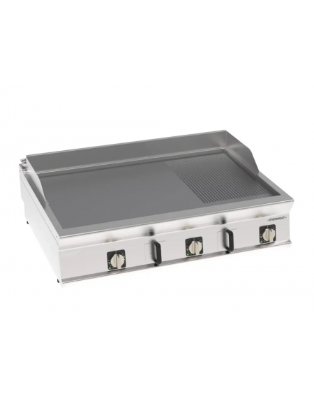 Fry top elettrico da banco inox, piastra 2/3 liscia e 1/3 rigata cromata spazzolata - tecnologia evenheat - cm 120x90x28h