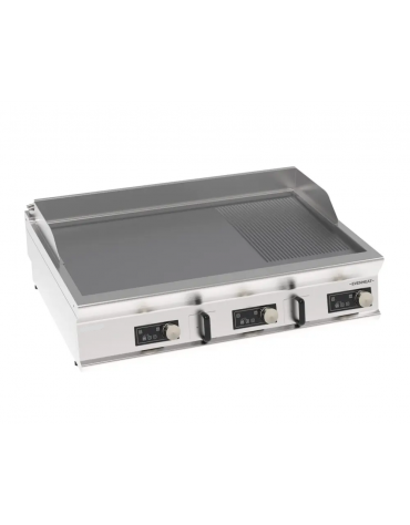 Fry top elettrico da banco, 2/3 liscio 1/3 rigato cromato spazzolato, controllo elettronico -tecnologia evenheat- cm 120x90x28h