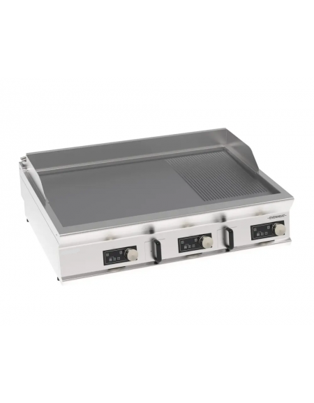 Fry top elettrico da banco, 2/3 liscio 1/3 rigato cromato spazzolato, controllo elettronico -tecnologia evenheat- cm 120x90x28h