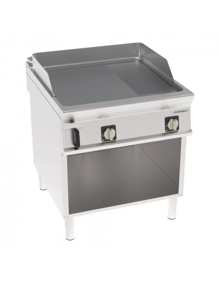 Fry-Top elettrico su vano aperto inox, piastra 2/3 liscia 1/3 rigata cromata spazzolata - tecnologia Evenheat - cm 80x90x90h