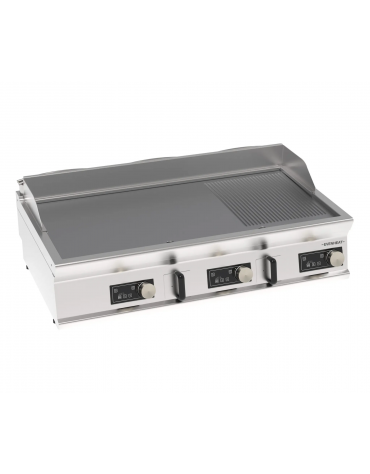 Fry top elettrico da banco, piastra 1/3 rigata e 2/3 liscia cromata spazzolata, controllo elettronico - evenheat - cm 120x70x28h