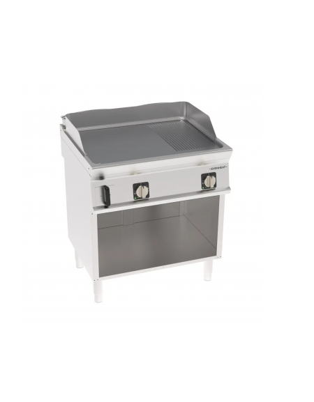 Fry-Top elettrico su vano aperto in inox, piastra 1/3 rigata e 2/3 liscia cromata spazzolata - tecnologia Evenheat - cm 80x70x90
