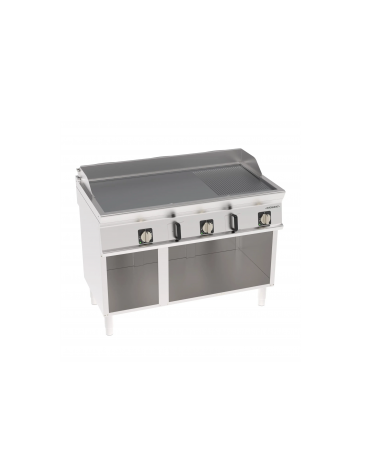 Fry-Top elettrico su vano aperto inox, piastra 1/3 rigata 2/3 liscia cromata spazzolata - tecnologia Evenheat -cm 120x70x90h
