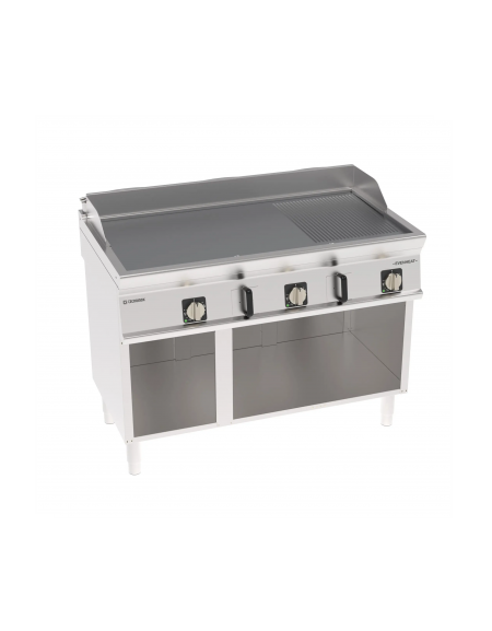Fry-Top elettrico su vano aperto inox, piastra 1/3 rigata 2/3 liscia cromata spazzolata - tecnologia Evenheat -cm 120x70x90h