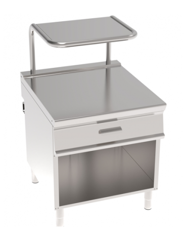 Piano di lavoro neutro in acciaio inox AISI 304 su vano aperto - con cassetto e supporto salamandra - cm 80x90x90h