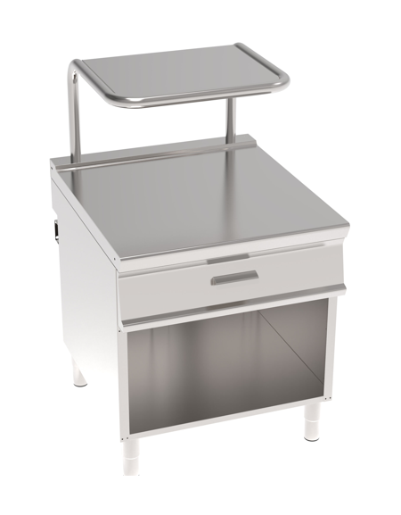 Piano di lavoro neutro in acciaio inox AISI 304 su vano aperto - con cassetto e supporto salamandra - cm 80x90x90h