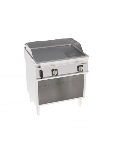 Fry-Top elettrico su vano aperto in inox, piastra 1/3 rigata e 2/3 liscia cromata spazzolata - tecnologia Evenheat - cm 80x70x90