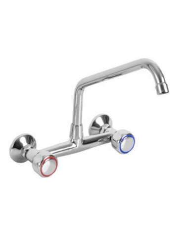 Rubinetto biforo a muro, canna girevole a "C" Ø mm 20, maniglie Rotonde - Lunghezza canna mm 250