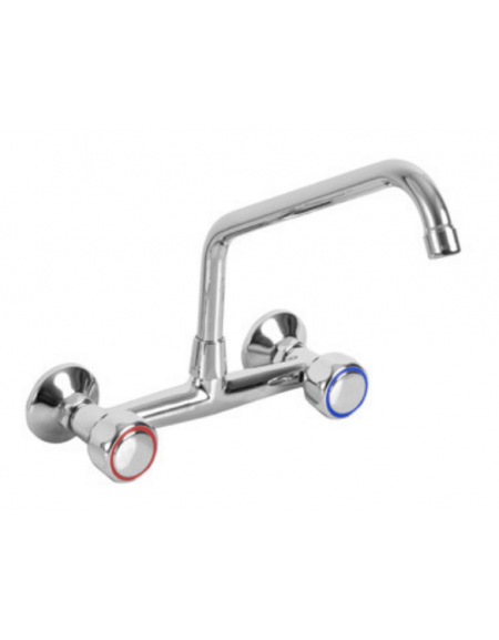 Rubinetto biforo a muro, canna girevole a "C" Ø mm 20, maniglie Rotonde - Lunghezza canna mm 250