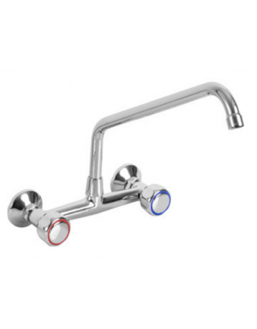 Rubinetto biforo a muro, canna girevole a "C" Ø mm 20, maniglie Rotonde - Lunghezza canna mm 300