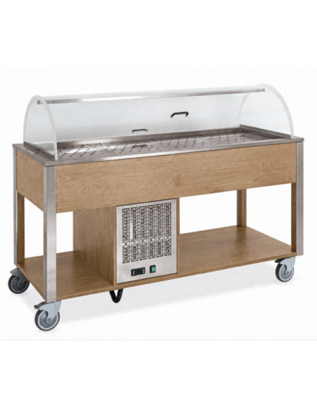 Carrello refrigerante in legno colore Rovere - 2 x GN 1/1 - con cupola e griglie asolate - cm 80x68x120h