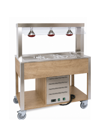 Carrello buffet termico 2xGN1/1 colore Rovere - parafiato fisso e lampade a infrarossi - cm 80x68x144h