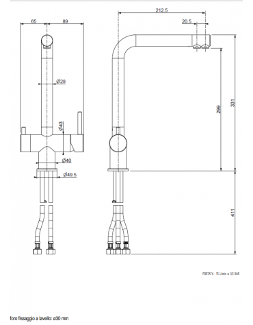 Rubinetto miscelatore monoforo a 3 vie in ottone cromato - mm 212,5x331h