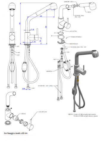 Rubinetto miscelatore monoforo verticale con doccia estraibile - mm 225x345h