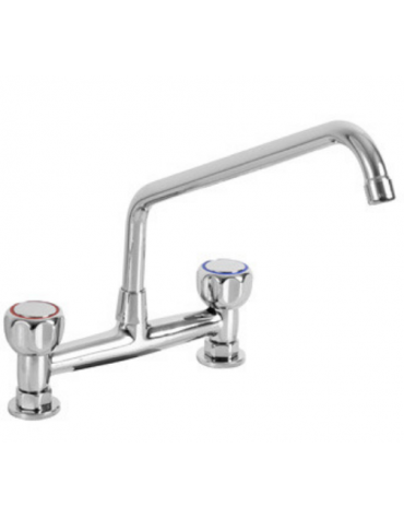 Rubinetto biforo a lavello, canna a "C" Ø mm 20, maniglie Rotonde - Interasse  mm 203,20 - Lunghezza canna mm 300