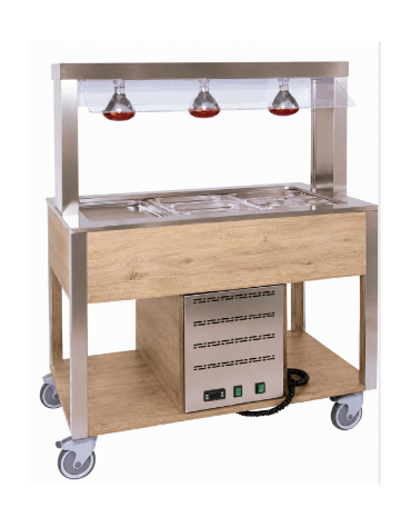 Carrello buffet termico 3xGN1/1 colore Rovere - parafiato fisso e lampade a infrarossi - cm 113x68x144h