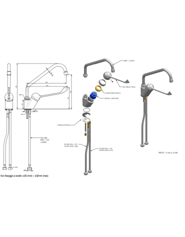 Rubinetto miscelatore monoforo con canna a "C" Ø mm 18 e leva Clinica - mm 250x295h