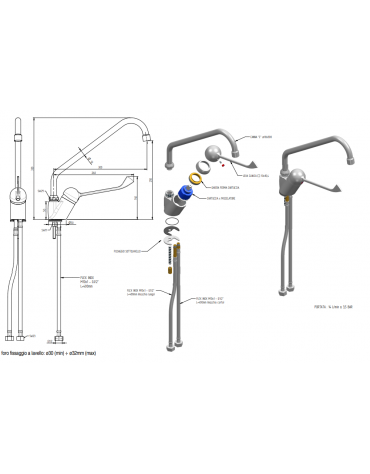 Rubinetto miscelatore monoforo con canna a "C" Ø mm 18 e leva Clinica - mm 300x330h
