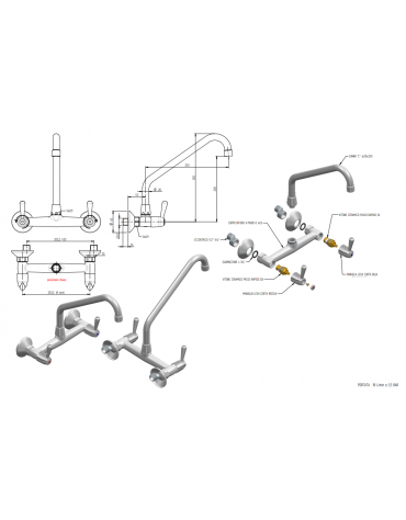 Rubinetto biforo a muro, canna girevole a "C" Ø mm 20, maniglie leva - Lunghezza canna mm 250