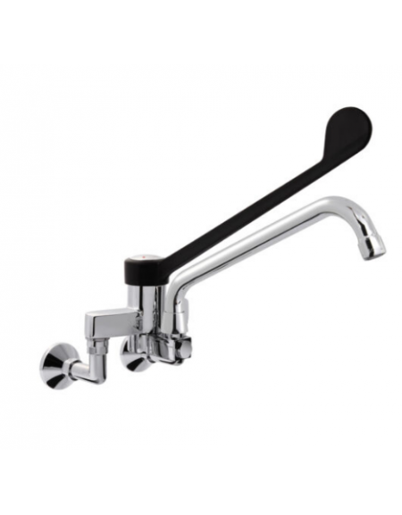 Rubinetto biforo miscelatore a muro con canna girevole mm Ø20x200 e leva clinica in plastica nera - Interasse 155±20 mm