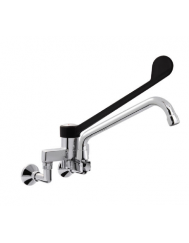 Rubinetto biforo miscelatore a muro con canna girevole mm Ø20x300 e leva clinica in plastica nera - Interasse 155±20 mm