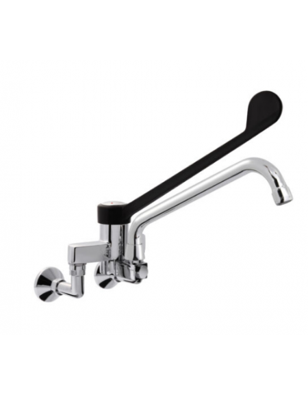 Rubinetto biforo miscelatore a muro con canna girevole mm Ø20x300 e leva clinica in plastica nera - Interasse 155±20 mm